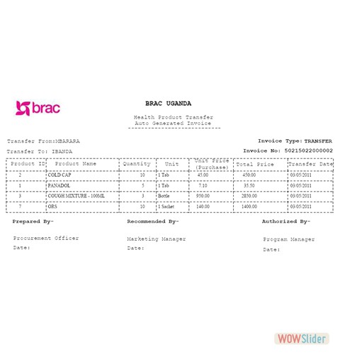 Product Transfer Invoice